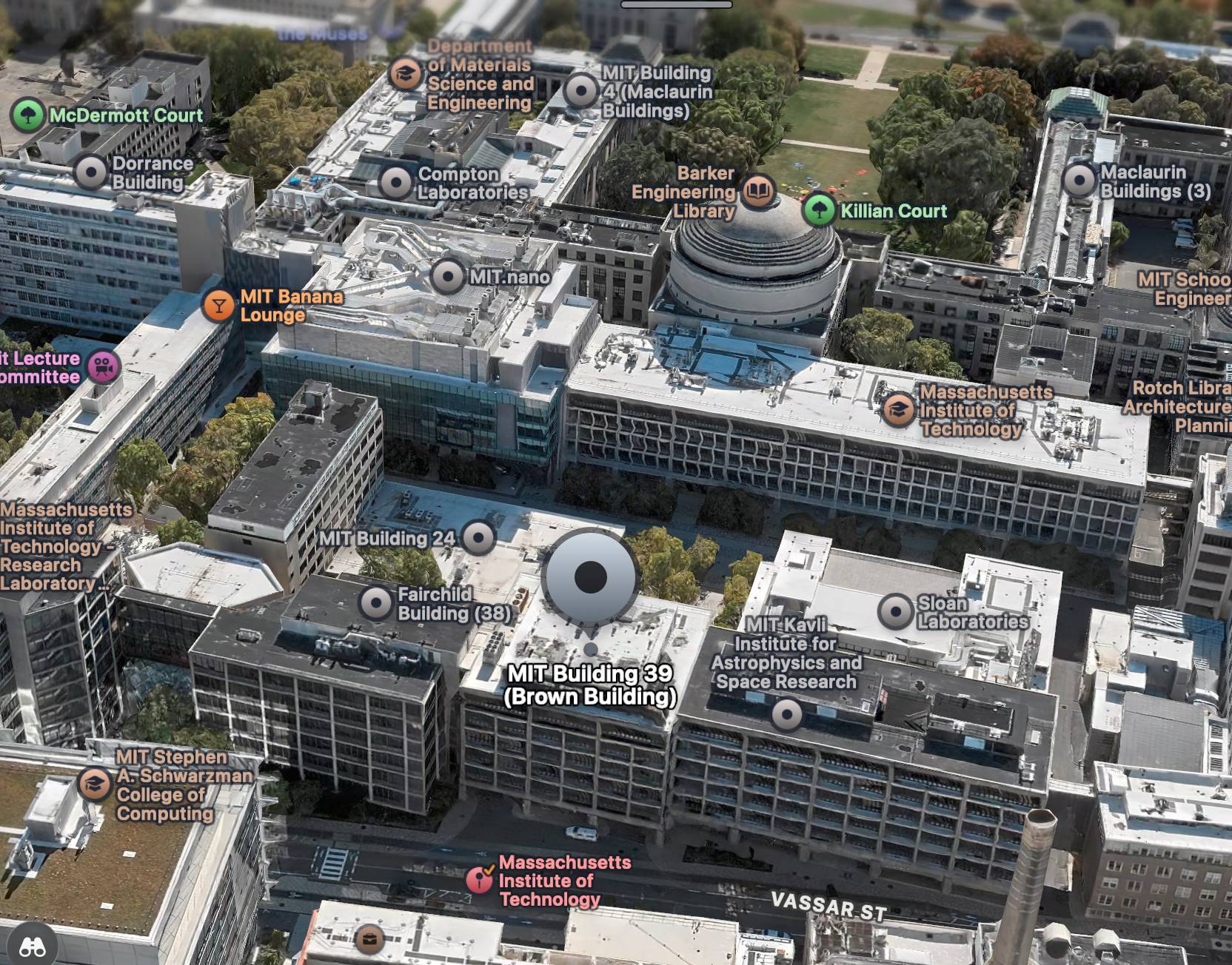 Aerial map of the MIT campus showing Building 39 (Brown Building) and neighboring Building 38, off Vassar Street in Cambridge, MA.